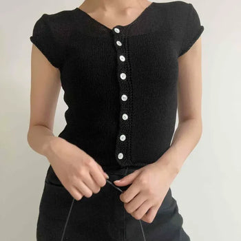 Slim Fit Plain Button-Down Cap Sleeve