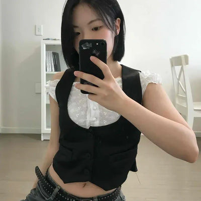 Delicate Punching Blouse Two-Piece Vest Set