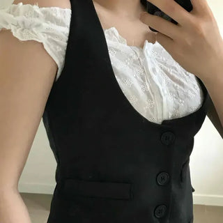 Delicate Punching Blouse Two-Piece Vest Set