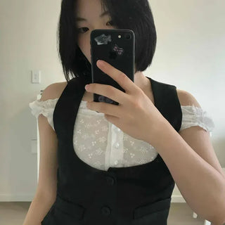 Delicate Punching Blouse Two-Piece Vest Set
