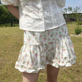 Frill Shirred Flower A-Line Daily Mini Skirt