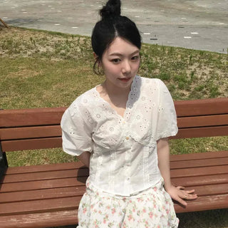 Flower Punching Pintuck Button Short Sleeve Blouse