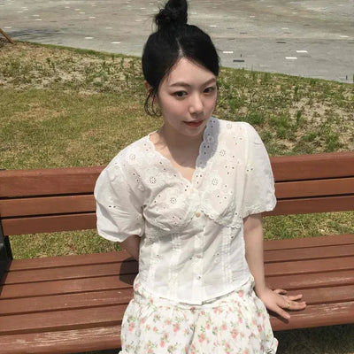 Flower Punching Pintuck Button Short Sleeve Blouse