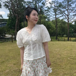 Flower Punching Pintuck Button Short Sleeve Blouse