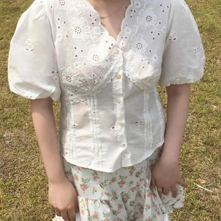 Flower Punching Pintuck Button Short Sleeve Blouse