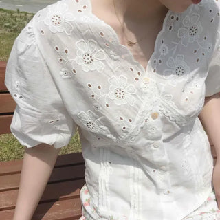 Flower Punching Pintuck Button Short Sleeve Blouse