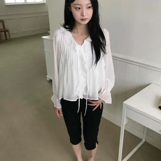 Loose Fit Plain Pinton Frill Shirred String Long Sleeve Blouse