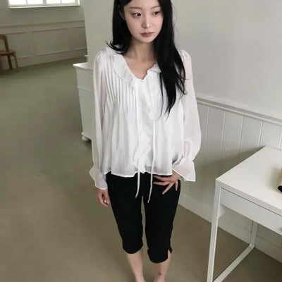 Loose Fit Plain Pinton Frill Shirred String Long Sleeve Blouse