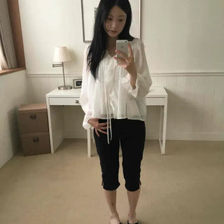 Loose Fit Plain Pinton Frill Shirred String Long Sleeve Blouse