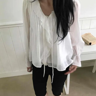 Loose Fit Plain Pinton Frill Shirred String Long Sleeve Blouse