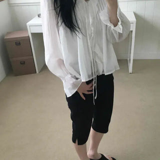 Loose Fit Plain Pinton Frill Shirred String Long Sleeve Blouse