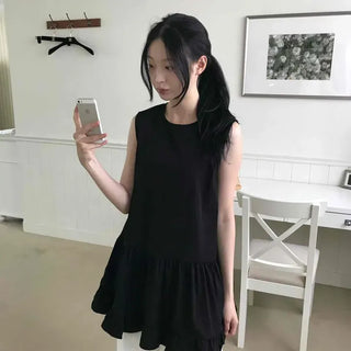 Loose Fit Plain Frill Sleeveless A-Line Mini Dress