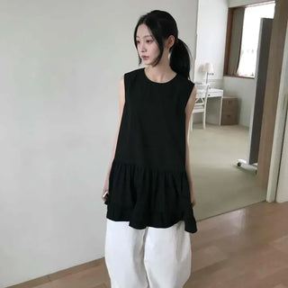 Loose Fit Plain Frill Sleeveless A-Line Mini Dress