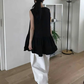 Loose Fit Plain Frill Sleeveless A-Line Mini Dress