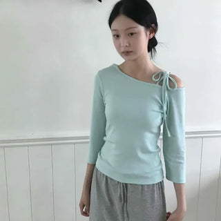Slim Fit Plain Ribbon Cutout 3/4 Sleeve Short T-shirt