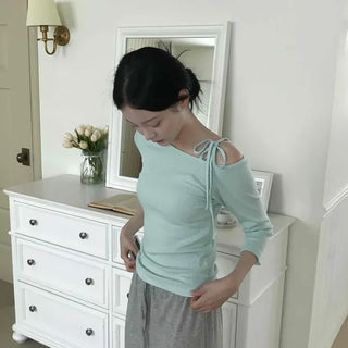 Slim Fit Plain Ribbon Cutout 3/4 Sleeve Short T-shirt