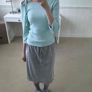 Slim Fit Plain Ribbon Cutout 3/4 Sleeve Short T-shirt