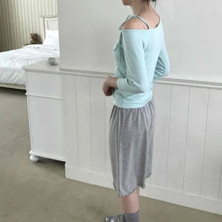 Loose-fit Shirred Ribbon Strap H-line Midi Skirt