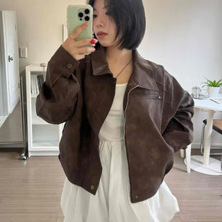 Cropped Suede Collar Leather Jacket