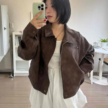 Cropped Suede Collar Leather Jacket