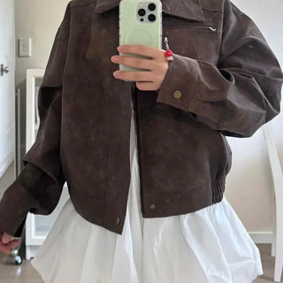 Cropped Suede Collar Leather Jacket