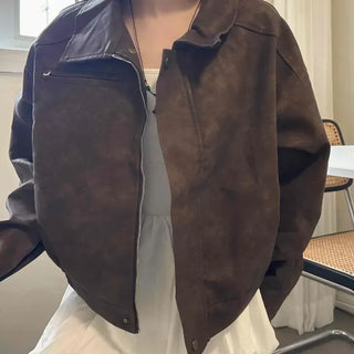Cropped Suede Collar Leather Jacket