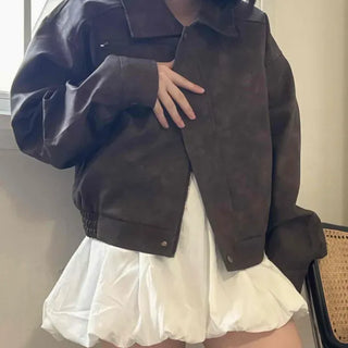 Cropped Suede Collar Leather Jacket