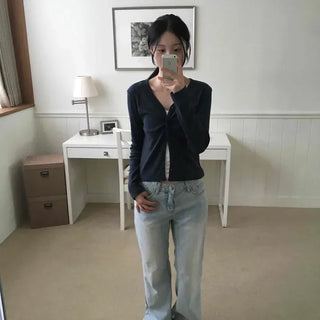 Slim Fit Plain Button Shirred Long Sleeve Cardigan