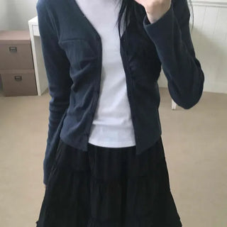 Slim Fit Plain Button Shirred Long Sleeve Cardigan