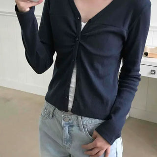 Slim Fit Plain Button Shirred Long Sleeve Cardigan
