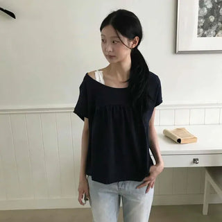 Relaxed Fit Shirred A-Line Plain Daily Short Sleeve T-shirt