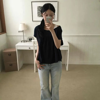 Relaxed Fit Shirred A-Line Plain Daily Short Sleeve T-shirt