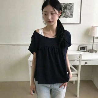 Relaxed Fit Shirred A-Line Plain Daily Short Sleeve T-shirt