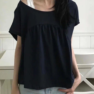 Relaxed Fit Shirred A-Line Plain Daily Short Sleeve T-shirt
