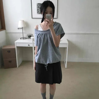 Loose Fit Plain Shirred String Raglan Short Sleeve T-shirt