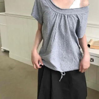 Loose Fit Plain Shirred String Raglan Short Sleeve T-shirt