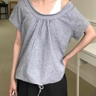 Loose Fit Plain Shirred String Raglan Short Sleeve T-shirt