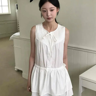 Loose Fit Plain Pintuck Shirred Sleeveless Tiered Mini Dress