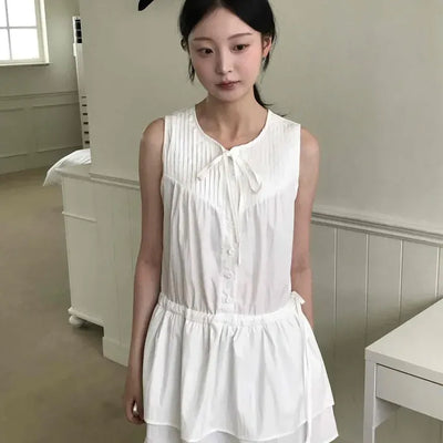 Loose Fit Plain Pintuck Shirred Sleeveless Tiered Mini Dress