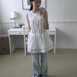 Loose Fit Plain Pintuck Shirred Sleeveless Tiered Mini Dress