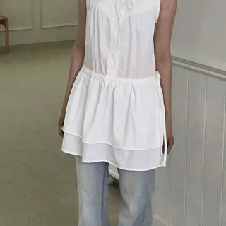 Loose Fit Plain Pintuck Shirred Sleeveless Tiered Mini Dress