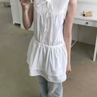 Loose Fit Plain Pintuck Shirred Sleeveless Tiered Mini Dress