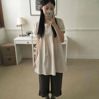 Loose-fit Pintuck Button Wide Daily Long Pants