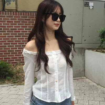 Frill Button Off-Shoulder Plain Long Sleeve Blouse