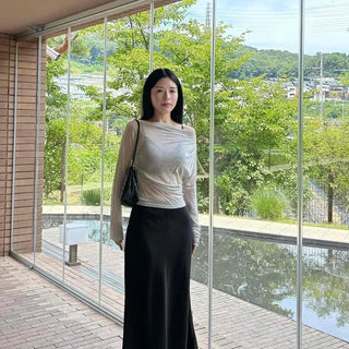 Loose Fit Plain Drape Off-Shoulder Long Sleeve T-Shirt