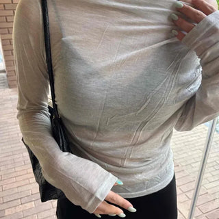 Loose Fit Plain Drape Off-Shoulder Long Sleeve T-Shirt