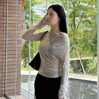 Loose Fit Plain Drape Off-Shoulder Long Sleeve T-Shirt