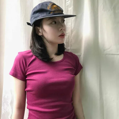 New New Basic Round Semi-Crop Short Sleeve T-shirt