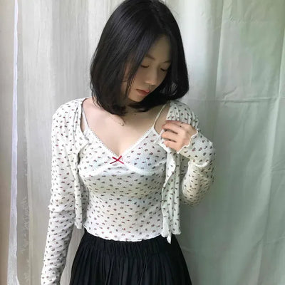 Cherry Punching Lace Flower Sleeveless Cardigan Set