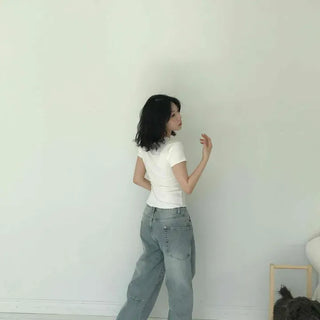Low-Rise Dart Curved Semi-Wide Denim Pants